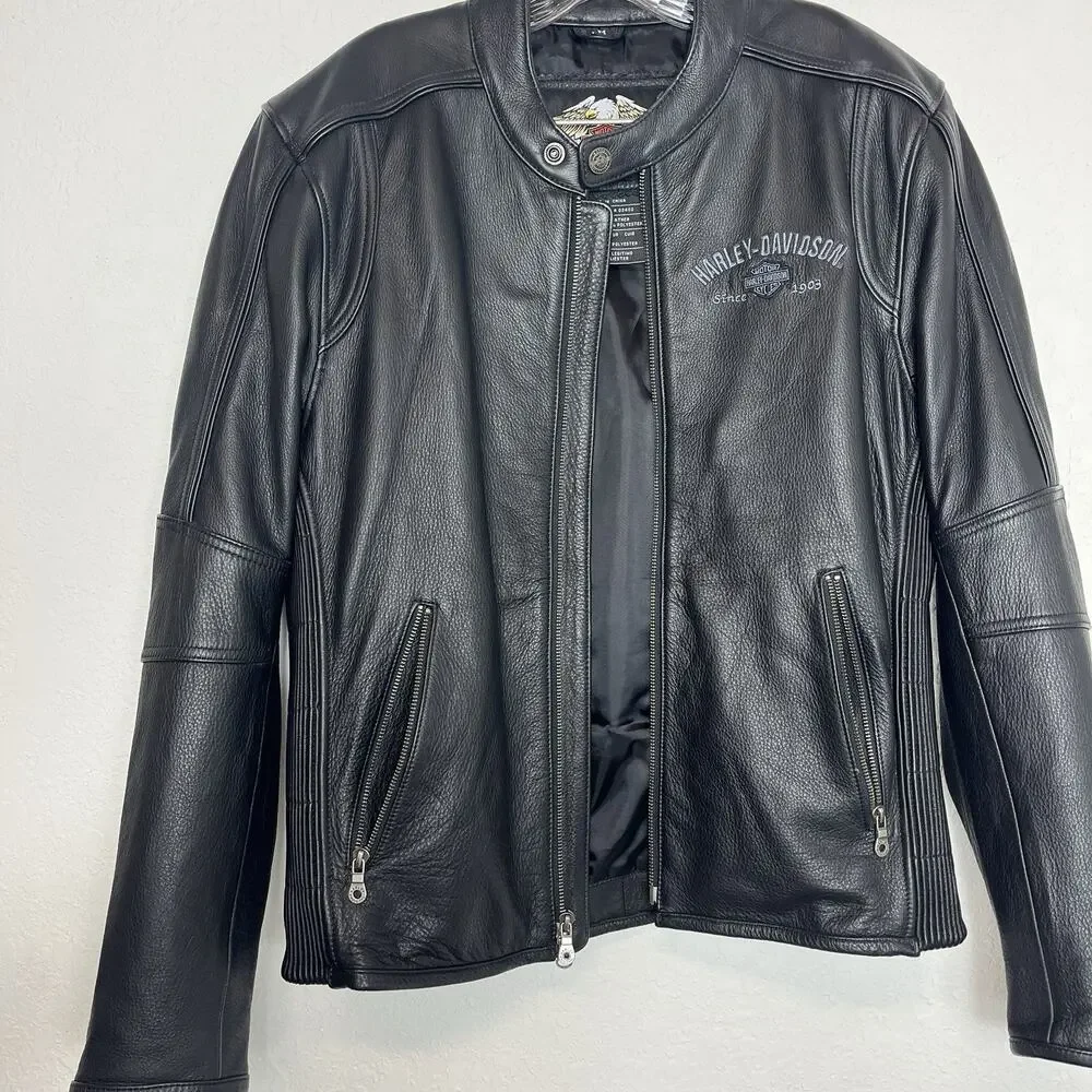 Harley Davidson Men's black leather jacket Embroidered logo front & back Size M